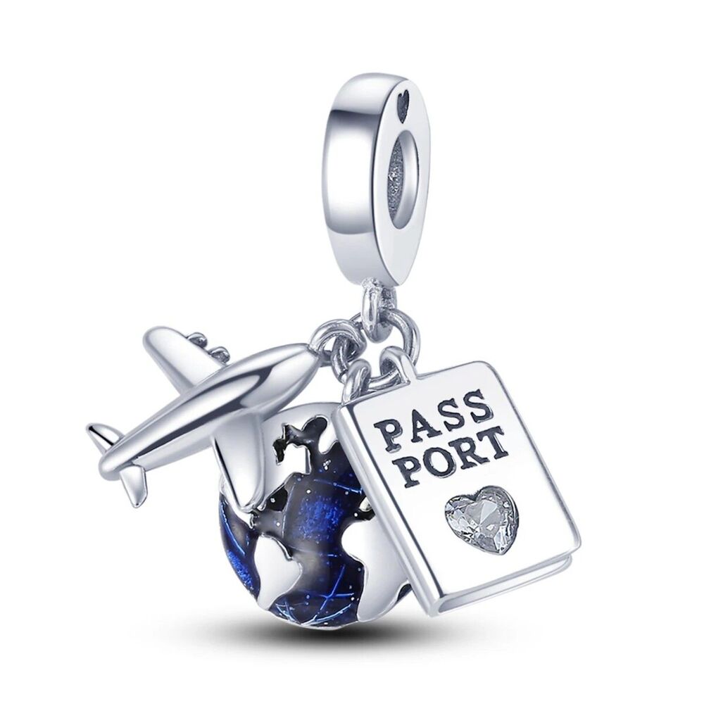 S925 Airplane Passport and Globe Triple Dangle Charm Blue Cubic Zirconia Accents